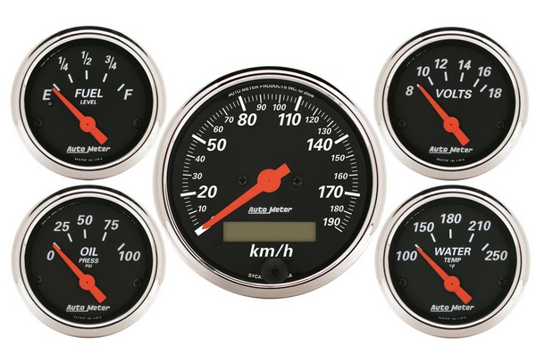 5 PC. GAUGE KIT, 3-1/8" & 2-1/16", ELEC. KM/H SPEEDOMETER, DESIGNER BLACK